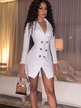 White Double-Breasted Blazer Mini Dress with Gold Buttons